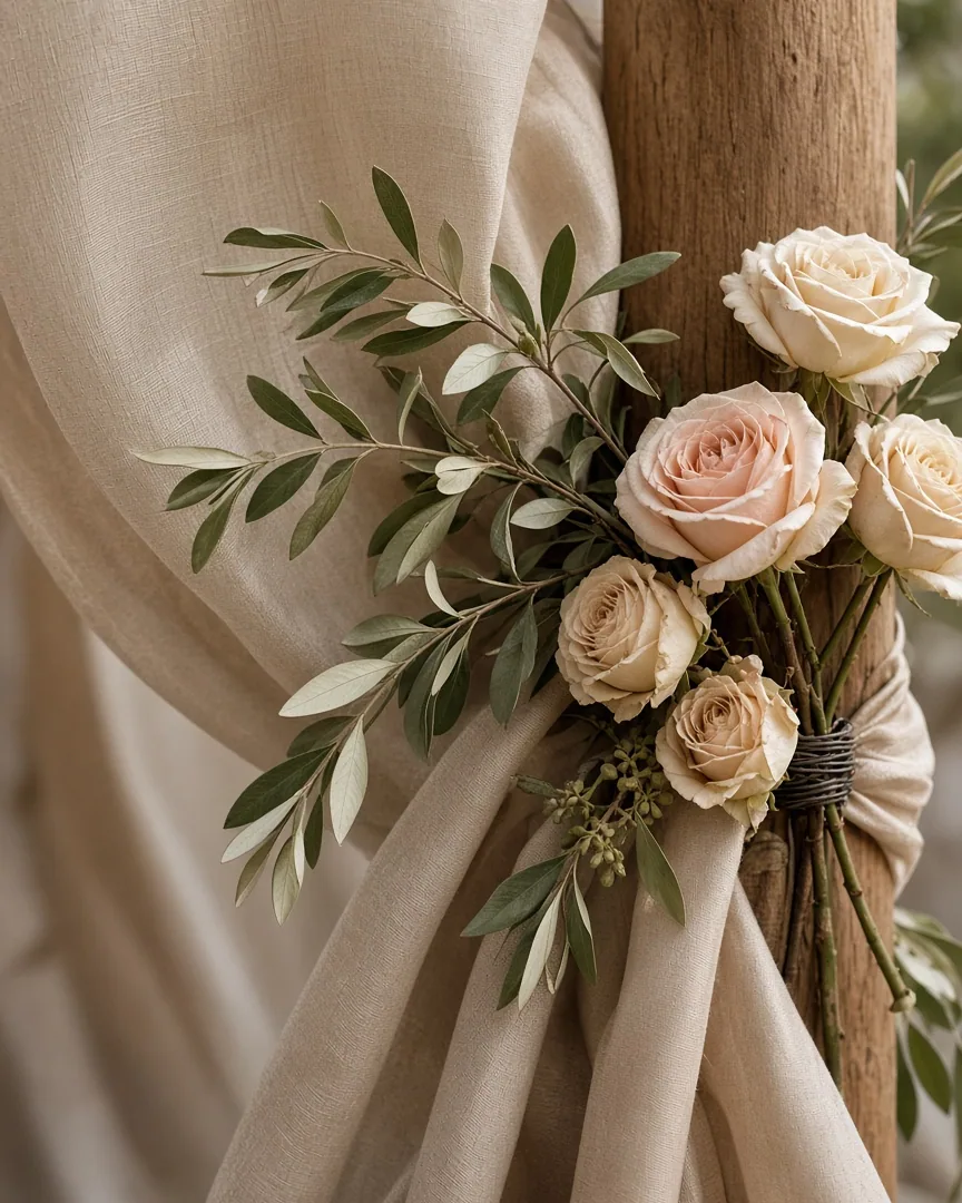 Ivory roses and olive tied with champagne fabric to a wooden ceremony post.