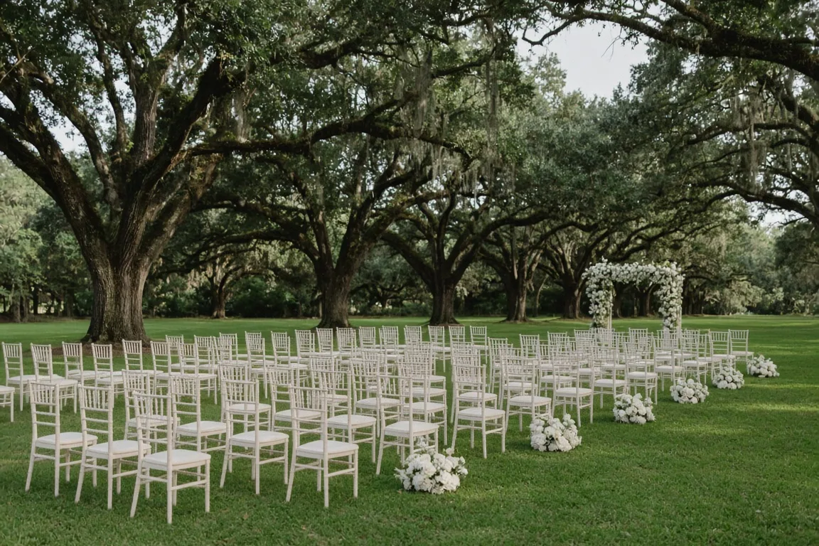 Rows of ivory chairs on a lawn under live oaks, with white floral clusters and a distant ceremony arch.
