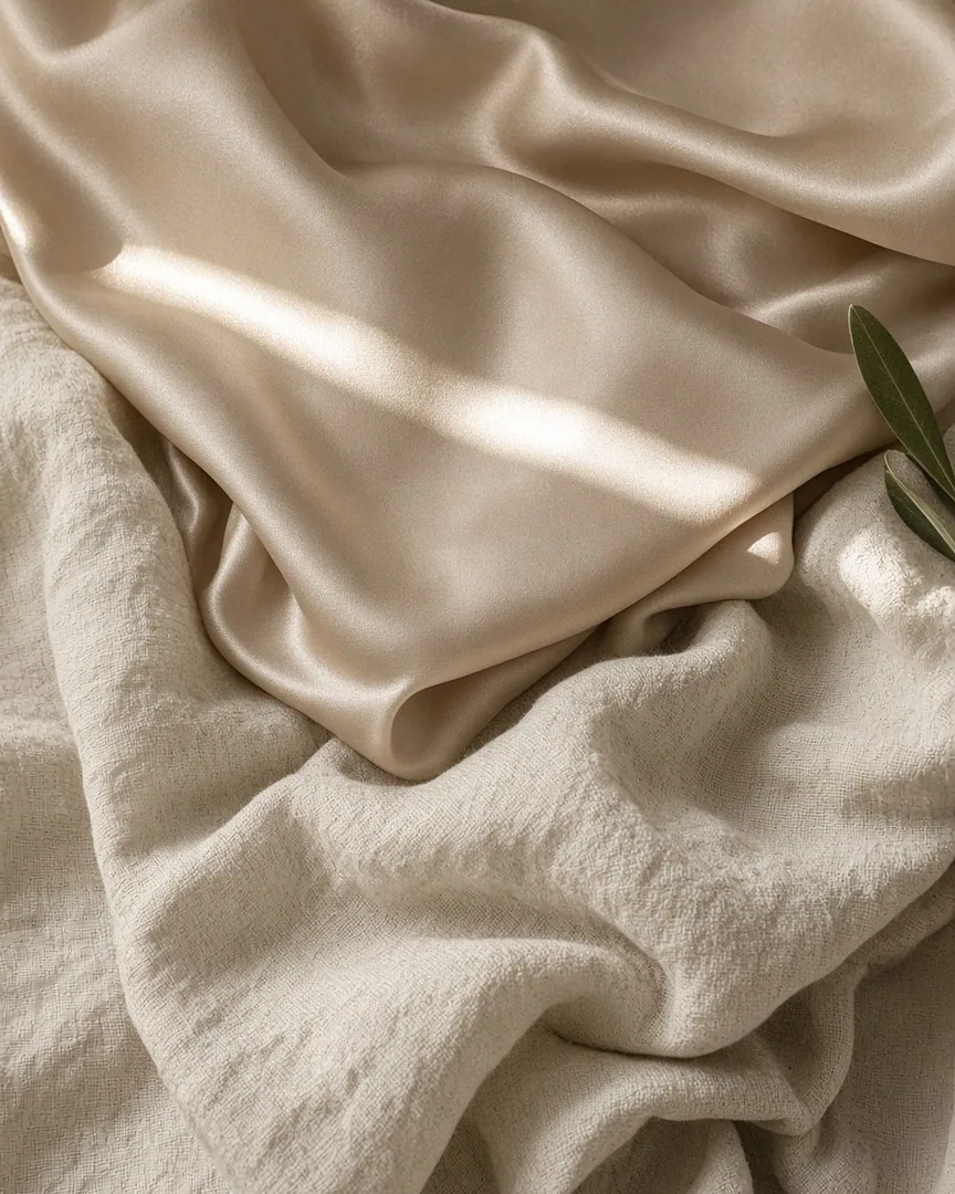 Champagne silk layered over ivory linen, with sunlight across the folds.