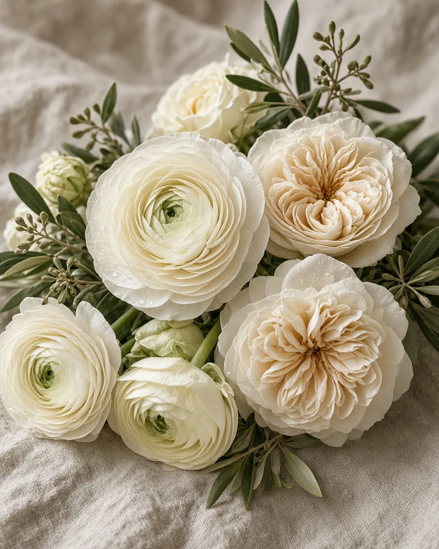 A close view of ivory ranunculus, garden roses, and olive leaves on linen.