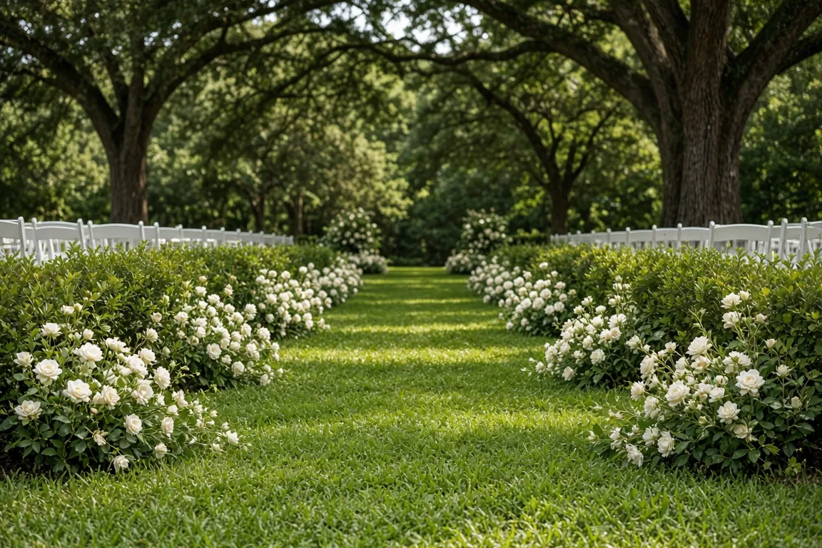 A grass ceremony aisle edged with low green hedges and white roses.