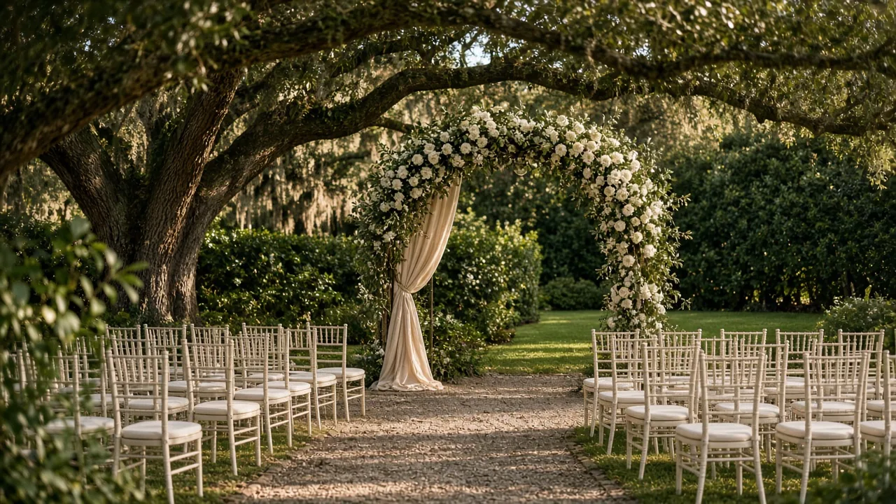 A wide garden ceremony under oaks, with an ivory floral arch, champagne drapes, and empty wooden chairs.