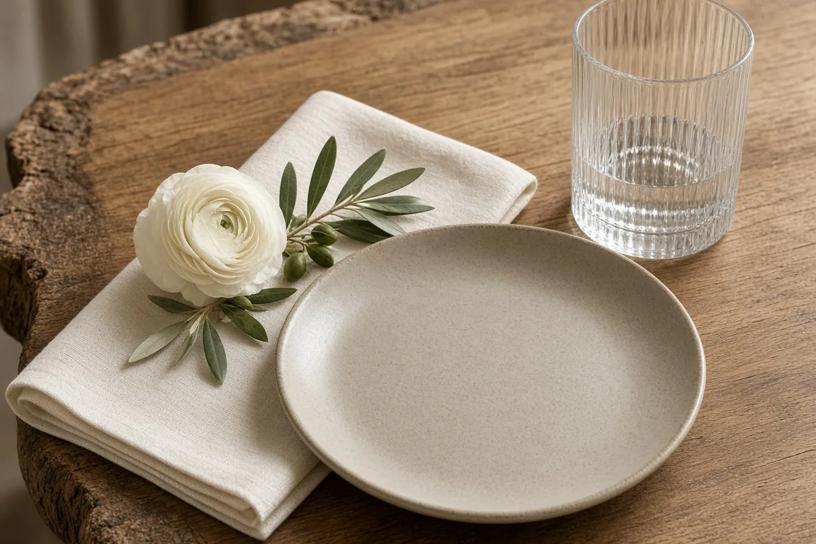 A place setting with an ivory napkin, one white bloom, a ceramic plate, and a ribbed glass.