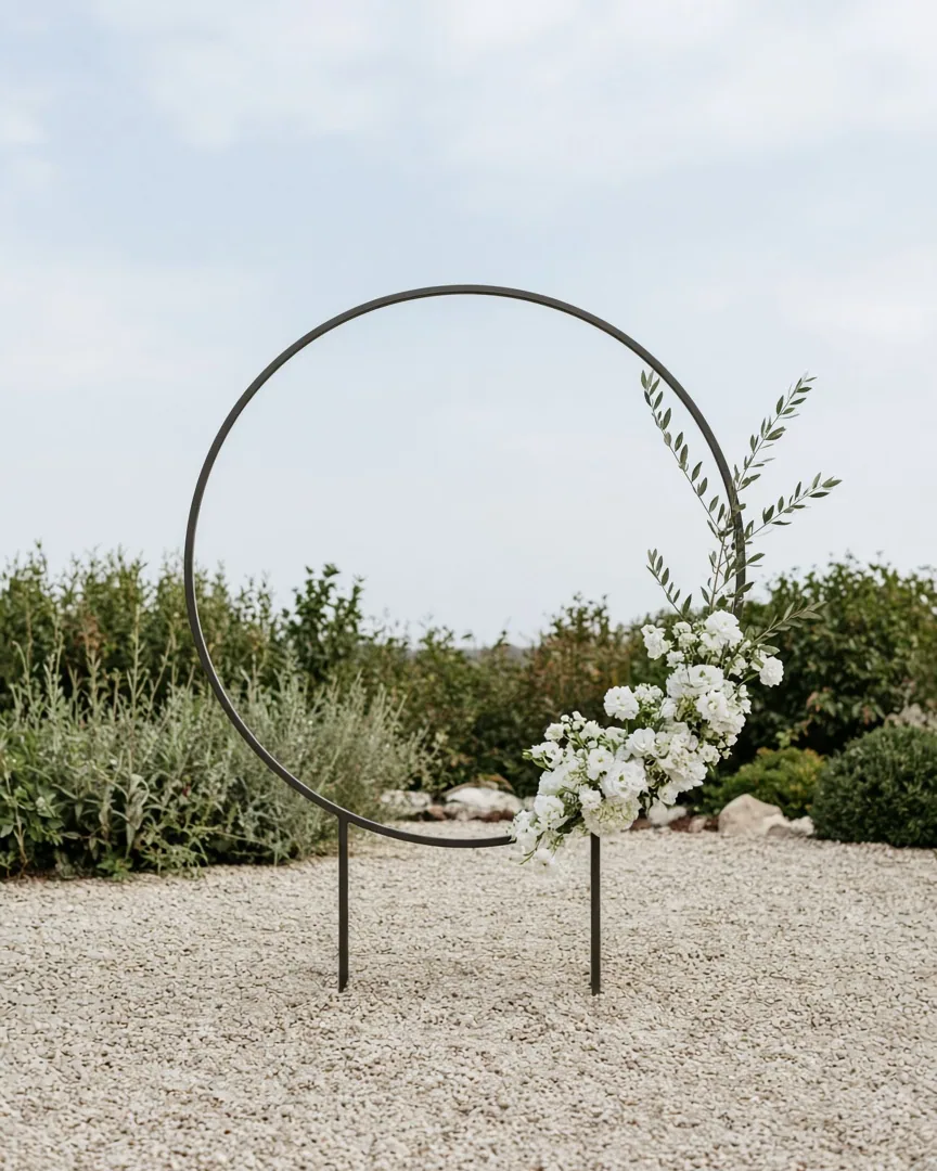 A thin metal circle arch with a small cluster of white flowers on pale gravel.
