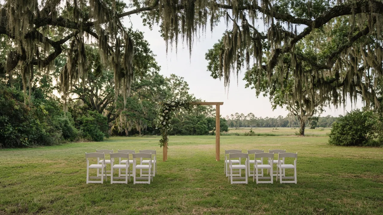 A small outdoor ceremony with two rows of chairs and a simple wooden frame under oaks.