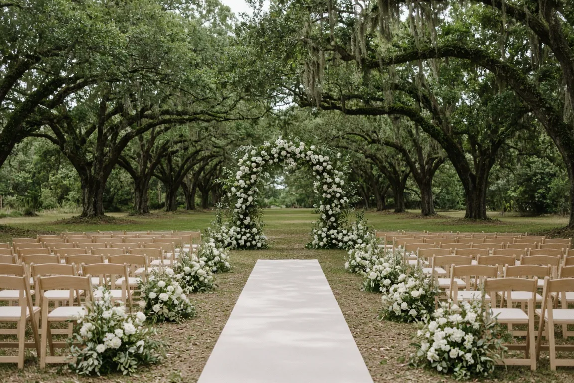 A long aisle runner lined with white flowers under an oak canopy, leading to a floral arch.