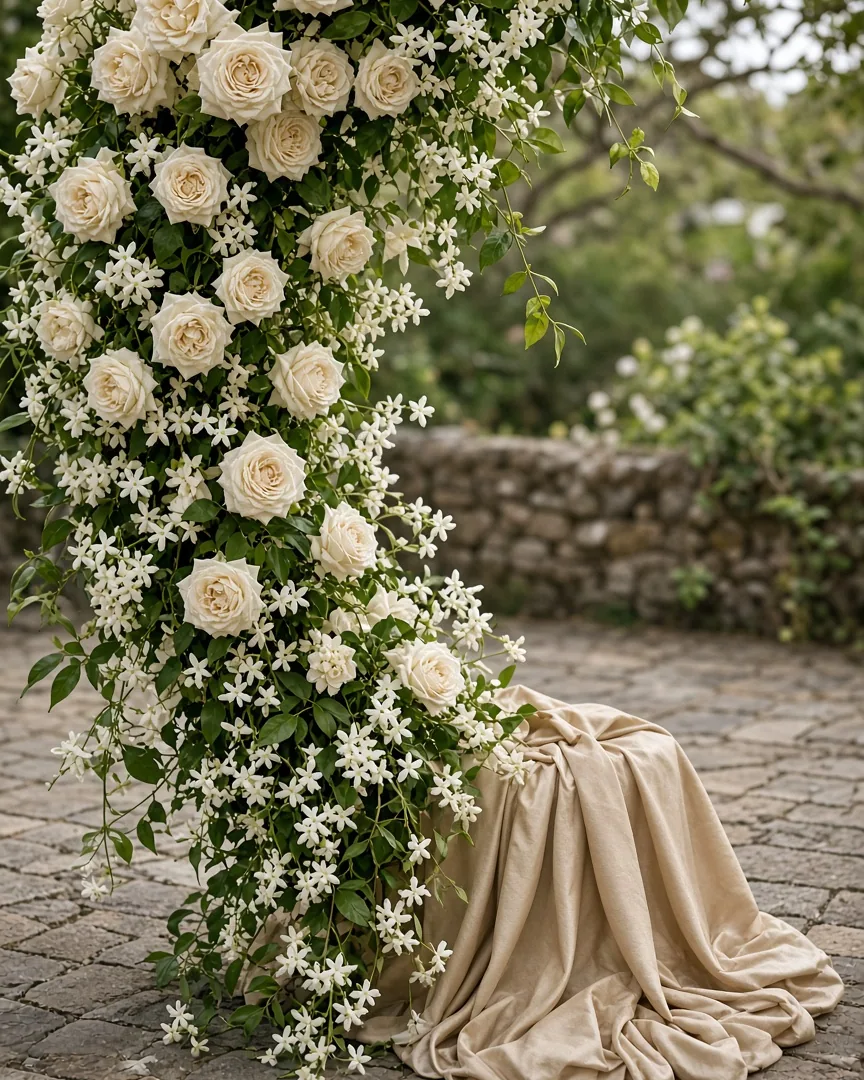 A tall wedding arch of ivory roses, trailing greenery, and champagne fabric.