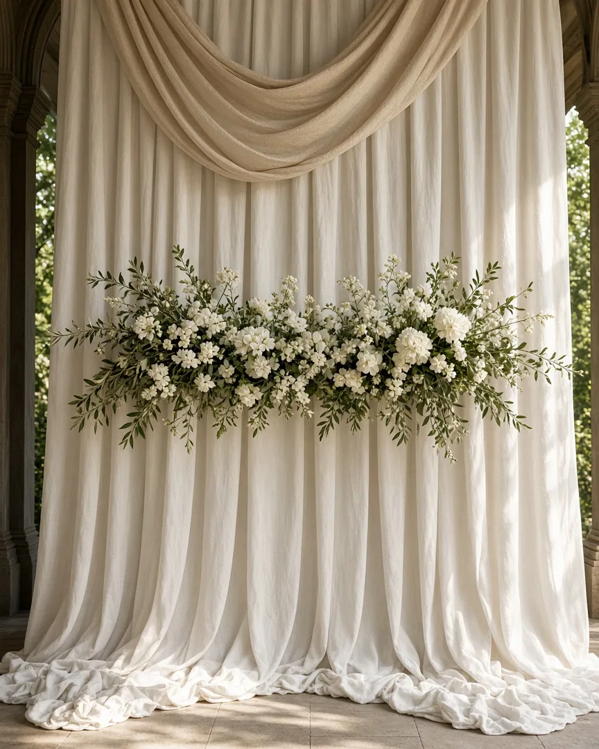 Ivory ceremony drapery with a champagne swag and a horizontal spray of white flowers.