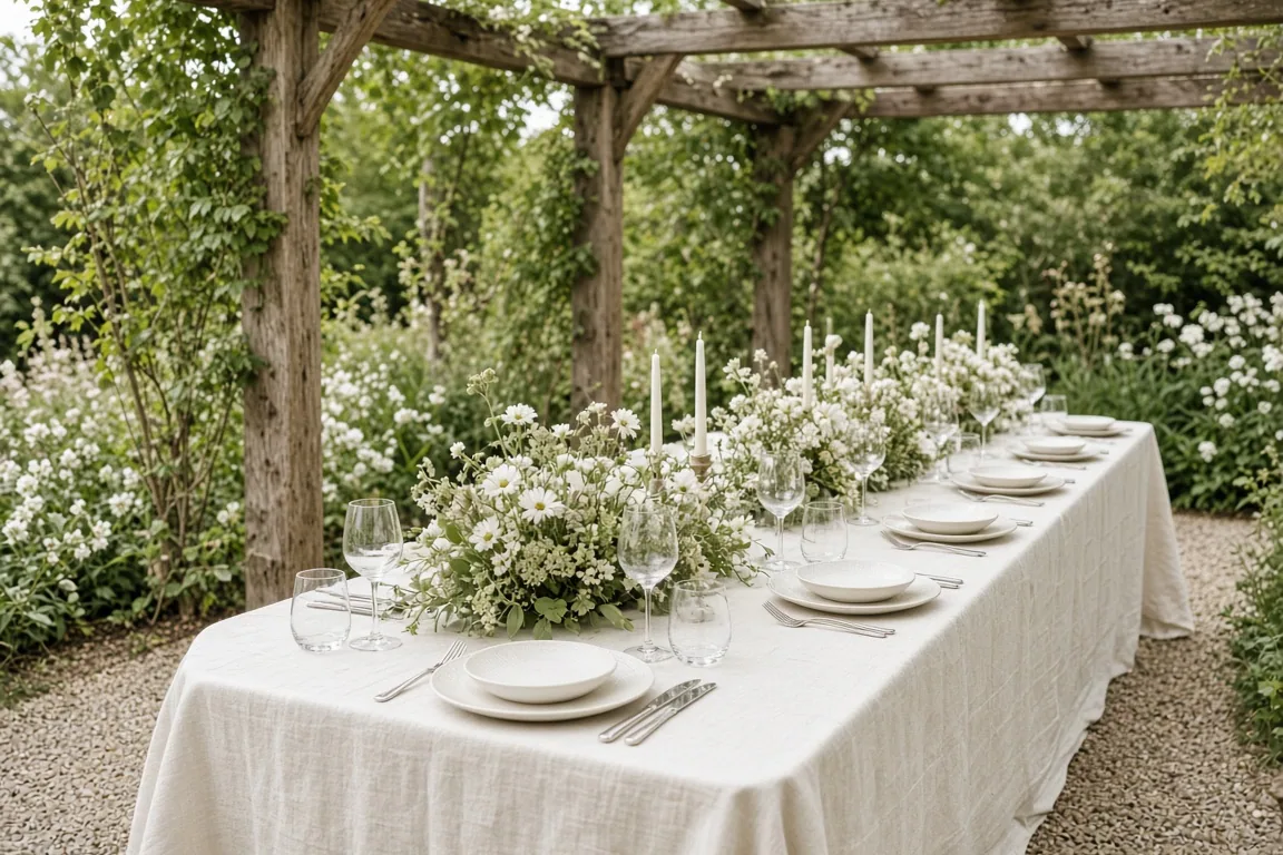 A long wedding table with ivory linen, a low floral centerpiece, and unlit candles.