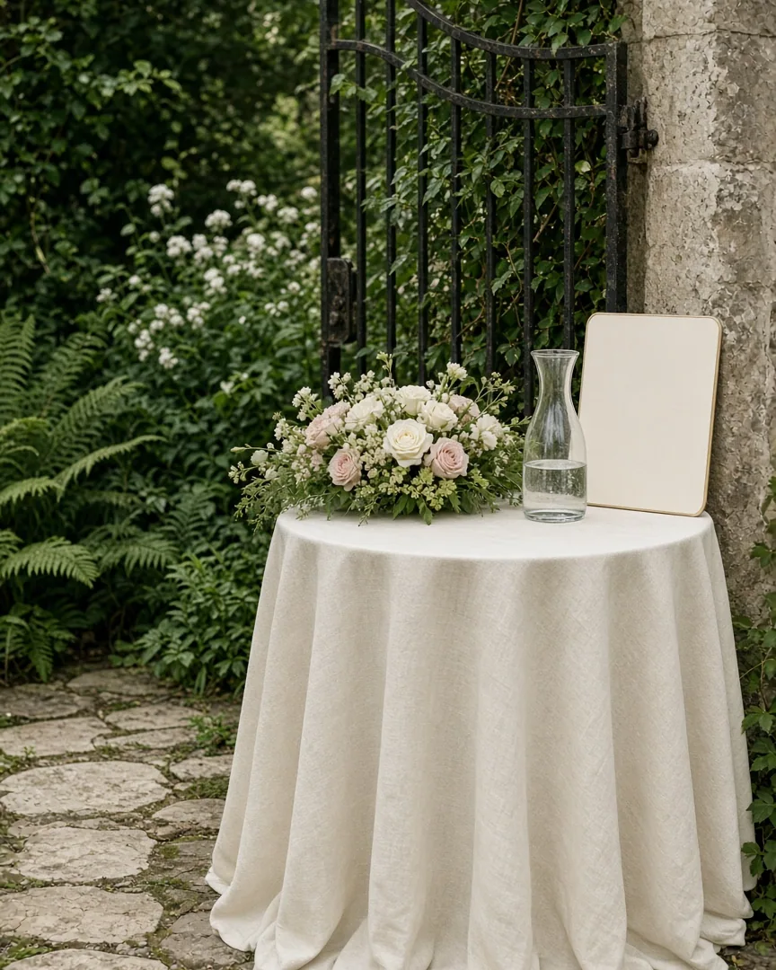 A round welcome table with flowers, a glass carafe, and a blank card beside a garden gate.