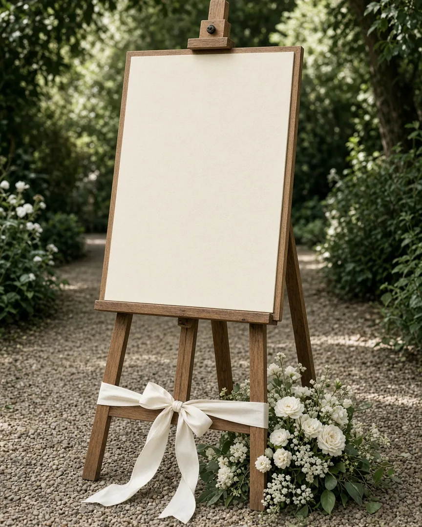 A wooden easel with a blank cream board, an ivory ribbon, and white flowers. No readable names.